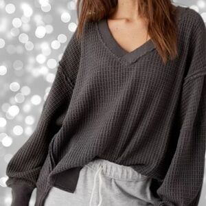 AMERICAN EAGLE Big Hug Oversized Waffle Knit Sweatshirt Gray Large